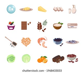 Source of calcium. A set of dairy products, nuts and dried fruits. Natural organic food high in minerals. Time for health and care. Vector flat illustration