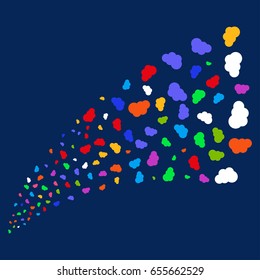 Source of cloud icons. Vector illustration style is flat bright multicolored cloud iconic symbols on a blue background. Object source organized from random symbols.