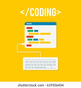 Source Code And Computer Keyboard. Programming And Coding Background. Flat Design