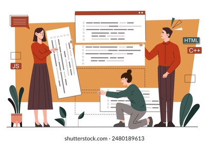 Source code concept. Programmers and IT specialists develop mobile app or program. Software engineering. Front and back end development. Cartoon flat vector illustration isolated on white background