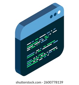 Source code isometric. Abstract programming language and program code on a screen. Vector illustration