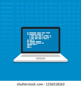 Source code on the computer screen. The programming process programs. Testing of systems. Binary code in the background. Vector illustration.