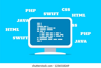 Source code on the computer screen. The programming process programs and sites.Testing of systems. Programming coding script java, php, html, css and other. Vector illustration.