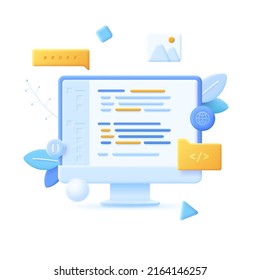 Source code on computer screen. Concept of web programming, coding, digital technology for back-end or front-end software development, data engineering. Modern vector illustration in pseudo 3d style.