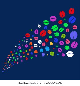 Source of coffee bean icons. Vector illustration style is flat bright multicolored coffee bean iconic symbols on a blue background. Object source created from confetti design elements.