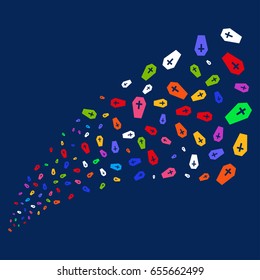 Source of coffin icons. Vector illustration style is flat bright multicolored coffin iconic symbols on a blue background. Object stream combined from confetti icons.