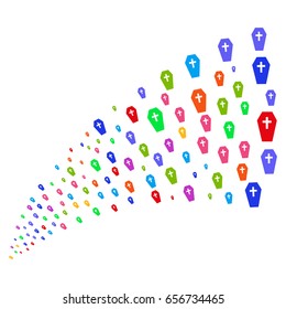 Source of coffin symbols. Vector illustration style is flat bright multicolored iconic coffin symbols on a white background. Object fountain made from pictographs.