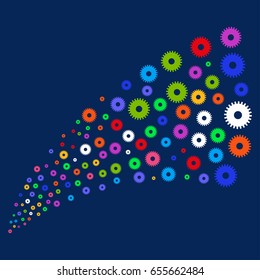 Source of cogwheel symbols. Vector illustration style is flat bright multicolored cogwheel iconic symbols on a blue background. Object fountain created from random design elements.