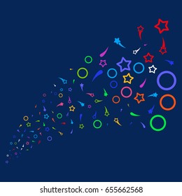 Source of confetti stars icons. Vector illustration style is flat bright multicolored confetti stars iconic symbols on a blue background. Object stream organized from scattered pictographs.