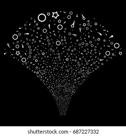 Source of confetti stars icons. Vector illustration style is flat white iconic symbols on a black background. Object stream organized from scattered design elements.