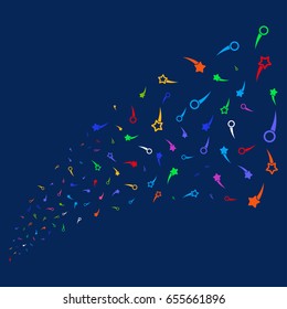 Source of confetti stars symbols. Vector illustration style is flat bright multicolored confetti stars iconic symbols on a blue background. Object fountain combined from confetti symbols.