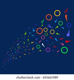 Source of confetti stars symbols. Vector illustration style is flat bright multicolored confetti stars iconic symbols on a blue background. Object fountain made from confetti design elements.