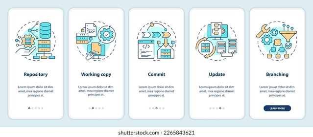 Source control concepts onboarding mobile app screen. Code writing walkthrough 5 steps editable graphic instructions with linear concepts. UI, UX, GUI template. Myriad Pro-Bold, Regular fonts used