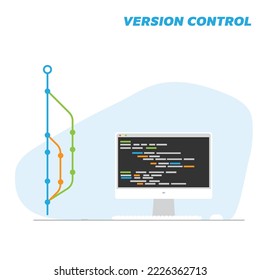 Source control interface on screen. Working space with computer. White computer with source code and push changers app. On monitor coding and source tree with branches.  Vector flat style banner.