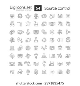 Conjunto de iconos lineales de control de código fuente. Tecnología de desarrollo de software. Archivos que cambian el seguimiento. Sistema SCM. Símbolos de línea delgada personalizables. Ilustraciones aisladas del contorno vectorial. Trazo editable