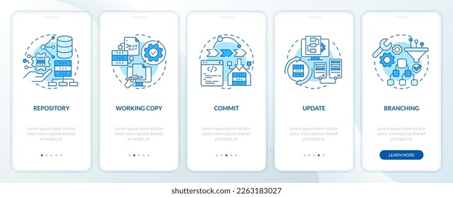 Source control parts blue onboarding mobile app screen. Code writing walkthrough 5 steps editable graphic instructions with linear concepts. UI, UX, GUI template. Myriad Pro-Bold, Regular fonts used