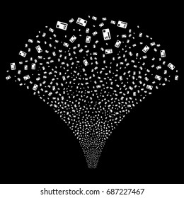 Source of credit card icons. Vector illustration style is flat white iconic symbols on a black background. Object salute organized from scattered symbols.