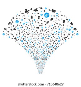 Source of currency symbols icons. Vector illustration style is flat blue and gray iconic symbols on a white background. Object fountain combined from random pictographs.