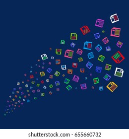 Source of floppy disk symbols. Vector illustration style is flat bright multicolored floppy disk iconic symbols on a blue background. Object salute constructed from confetti pictographs.