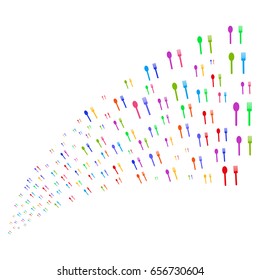 Source of fork and spoon symbols. Vector illustration style is flat bright multicolored iconic fork and spoon symbols on a white background. Object fountain done from symbols.