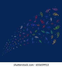 Source of galaxy symbols. Vector illustration style is flat bright multicolored galaxy iconic symbols on a blue background. Object stream made from scattered icons.