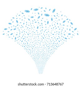 Source of galaxy symbols. Vector illustration style is flat blue and gray iconic symbols on a white background. Object fountain created from scattered pictograms.