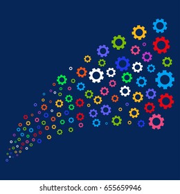 Source of gear icons. Vector illustration style is flat bright multicolored gear iconic symbols on a blue background. Object stream constructed from confetti pictograms.