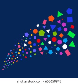 Source of geometric figures symbols. Vector illustration style is flat bright multicolored geometric figures iconic symbols on a blue background. Object stream made from scattered pictograms.