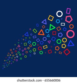 Source of geometric shapes symbols. Vector illustration style is flat bright multicolored geometric shapes iconic symbols on a blue background. Object stream combined from scattered symbols.