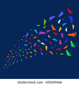Source of human footprint icons. Vector illustration style is flat bright multicolored human footprint iconic symbols on a blue background. Object fountain combined from random design elements.