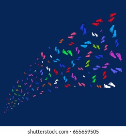 Source of human steps icons. Vector illustration style is flat bright multicolored human steps iconic symbols on a blue background. Object salute constructed from scattered symbols.