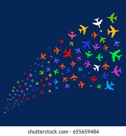 Source of jet plane symbols. Vector illustration style is flat bright multicolored jet plane iconic symbols on a blue background. Object source combined from scattered design elements.