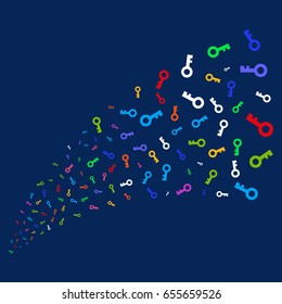 Source of key icons. Vector illustration style is flat bright multicolored key iconic symbols on a blue background. Object salute organized from scattered icons.