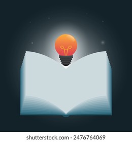 Source of knowledge and idea. Light bulb and open book vector illustration