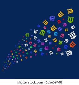 Source of library building symbols. Vector illustration style is flat bright multicolored library building iconic symbols on a blue background. Object salute organized from random pictographs.