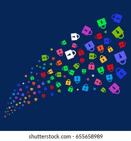 Source of lock symbols. Vector illustration style is flat bright multicolored lock iconic symbols on a blue background. Object stream created from scattered icons.