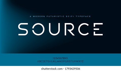 Source, An Modern Minimalist Scifi Tech Futuristic Alphabet Font Typeface. Vector Illustration