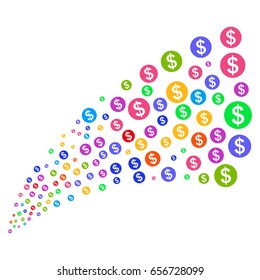 Source of money icons. Vector illustration style is flat bright multicolored iconic money symbols on a white background. Object fountain constructed from icons.