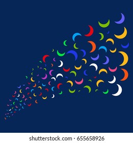 Source of moon symbols. Vector illustration style is flat bright multicolored moon iconic symbols on a blue background. Object salute constructed from random design elements.