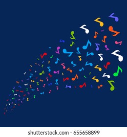Source of musical note symbols. Vector illustration style is flat bright multicolored musical note iconic symbols on a blue background. Object fountain created from scattered icons.