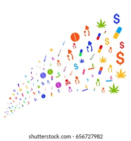 Source of narcotic drugs symbols. Vector illustration style is flat bright multicolored iconic narcotic drugs symbols on a white background. Object fountain combined from icons.
