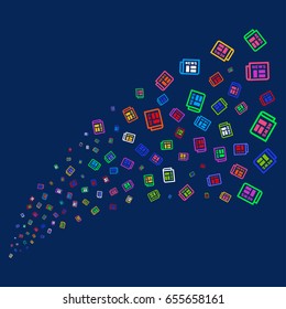Source of newspaper symbols. Vector illustration style is flat bright multicolored newspaper iconic symbols on a blue background. Object stream combined from confetti symbols.