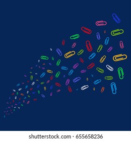 Source of paperclip icons. Vector illustration style is flat bright multicolored paperclip iconic symbols on a blue background. Object stream combined from scattered symbols.