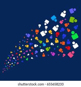 Source of person icons. Vector illustration style is flat bright multicolored person iconic symbols on a blue background. Object salute combined from confetti pictograms.