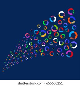 Source of pie chart symbols. Vector illustration style is flat bright multicolored pie chart iconic symbols on a blue background. Object stream made from scattered pictograms.