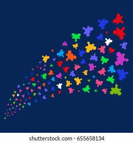 Source of plugin icons. Vector illustration style is flat bright multicolored plugin iconic symbols on a blue background. Object salute constructed from random pictograms.
