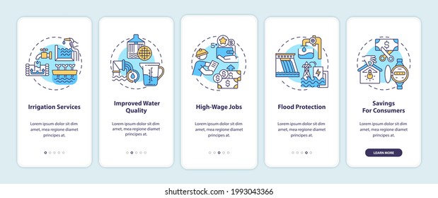 Fuente de electricidad renovable en la pantalla de la aplicación móvil con conceptos. Recorrido de beneficios de energía hidroeléctrica a través de 5 pasos de instrucciones gráficas. plantilla de vector de interfaz de usuario con ilustraciones de color RGB