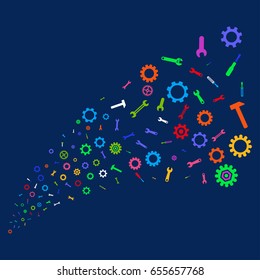 Source of repair instruments symbols. Vector illustration style is flat bright multicolored repair instruments iconic symbols on a blue background. Object stream combined from random icons.