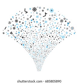 Source of science symbols icons. Vector illustration style is flat blue and gray iconic symbols on a white background. Object stream created from scattered symbols.