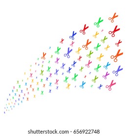 Source of scissors symbols. Vector illustration style is flat bright multicolored iconic scissors symbols on a white background. Object fountain made from symbols.
